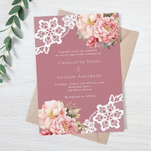 Convite Casamento de luxo com rendas florais cor-de-rosa-r