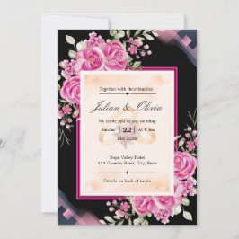 Convite Casamento de Luxo com Rosas Pretas e Rosa Fúcsia
