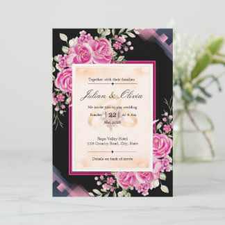 Convite Casamento de Luxo com Rosas Pretas e Rosa Fúcsia