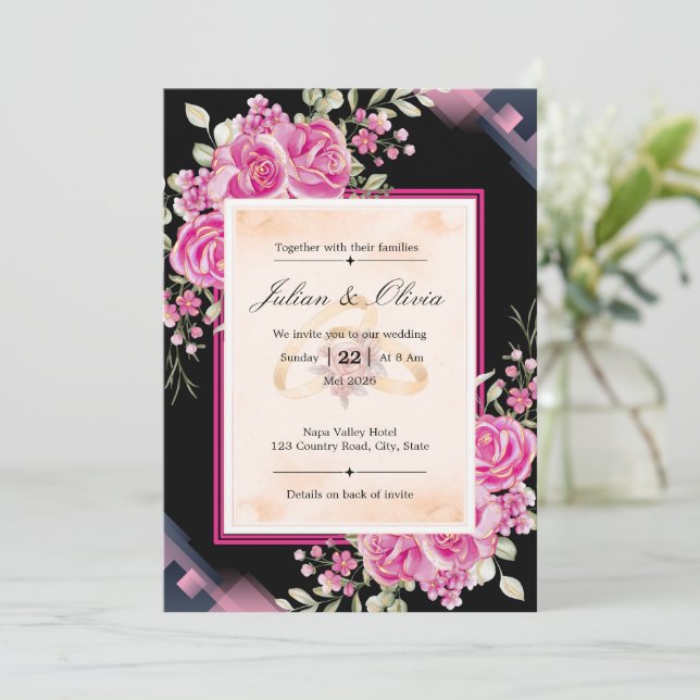 Convite Casamento de Luxo com Rosas Pretas e Rosa Fúcsia (Em pé/Frente)