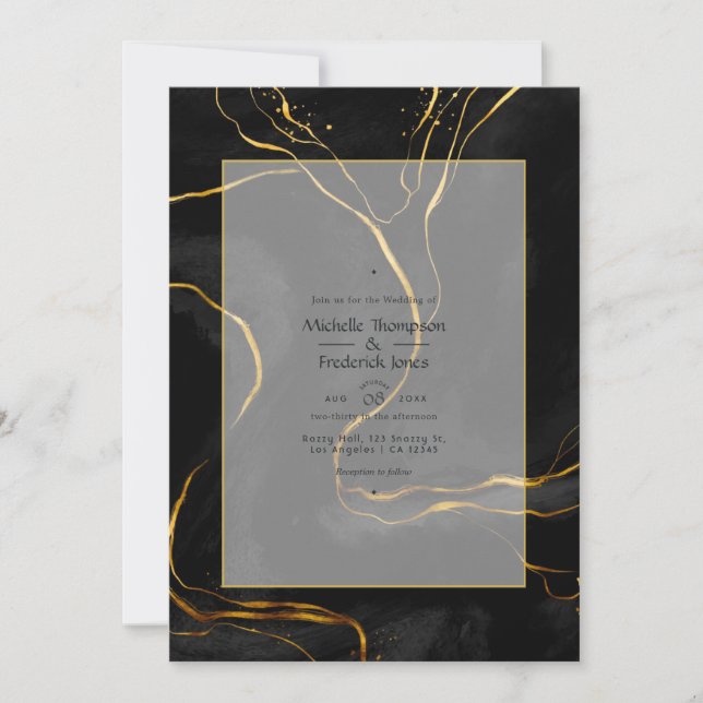 Convite Casamento de Luxo com Tinta Preta e Dourada (Frente)