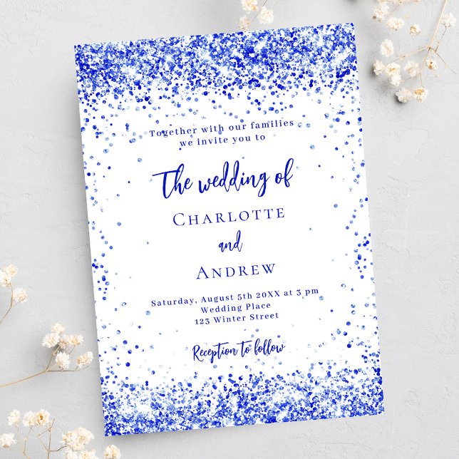 Convite Casamento de luxo de confetti branco azul (Criador carregado)