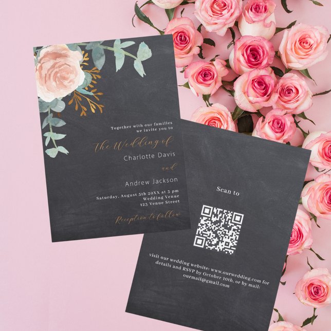 Convite Casamento de luxo de QR com quadro floral de ouro  (Criador carregado)