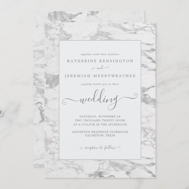 Convite Casamento de Luxo Elegante Silver Foil Marble (Frente/Verso)