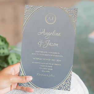 Convite Casamento de Luxo em Azul Poeirento e Dourado