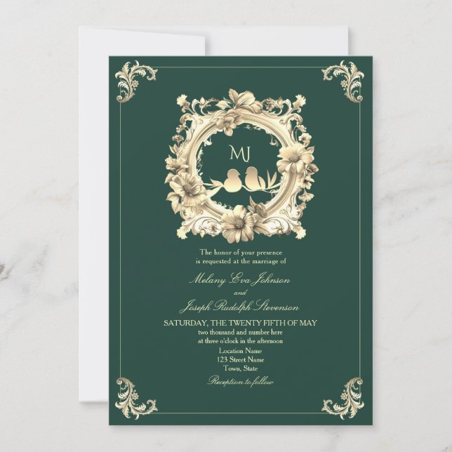 Convite Casamento de Luxo em Dourado e Verde Esmeralda (Frente)
