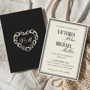 Convite Casamento de Luxo em Marfim e Preto com Estilo Old