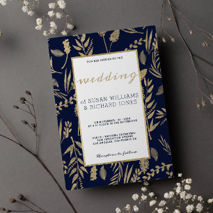 Convite Casamento de luxo floral azul marinho elegante e s