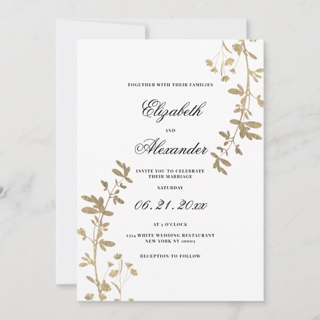 Convite Casamento de luxo floral em ouro branco elegante (Frente)