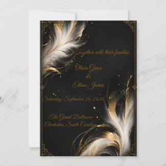 Convite Casamento de Luxo Preto Dourado Pena Abstrata