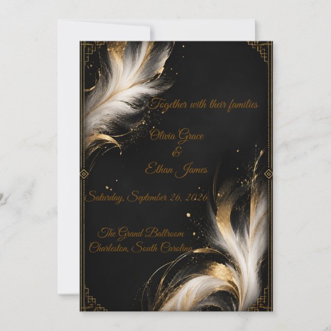 Convite Casamento de Luxo Preto Dourado Pena Abstrata (Frente)