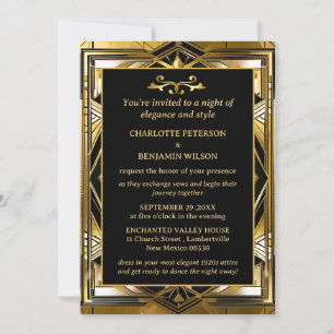Convite Casamento de Luxo Preto e Dourado Gatsby Art Déco