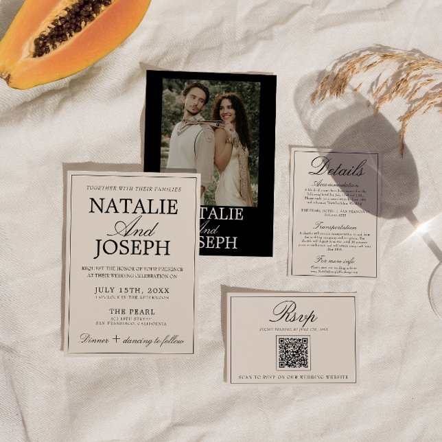 Convite Casamento de Luxo Retro com Creme Preto Clássico (Criador carregado)