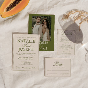 Convite Casamento de Luxo Retro em Verde Oliva Clássico