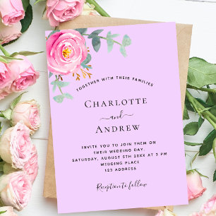 Convite Casamento de luxo, rosa violeta roxa e rosa