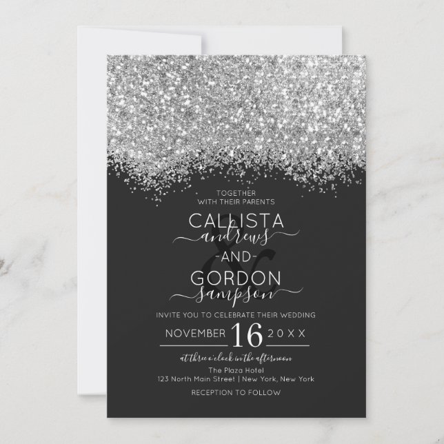 Convite Casamento de Luxo Silver Black Glitter Confetti (Frente)