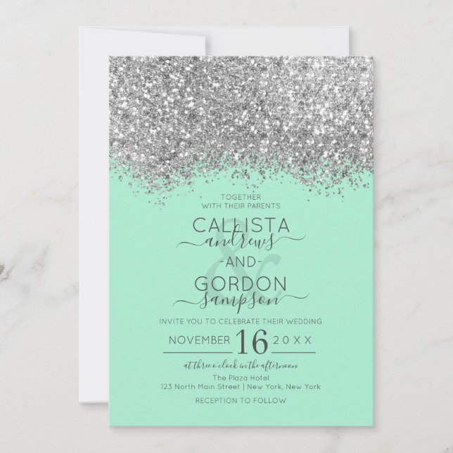 Convite Casamento de Luxo Silver Neo Mint Glitter Confetti (Frente)