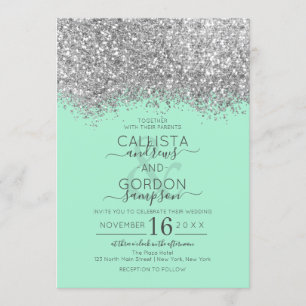 Convite Casamento de Luxo Silver Neo Mint Glitter Confetti