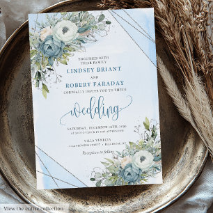 Convite Casamento de Luxury Boho Dusty Blue Silver Peonies