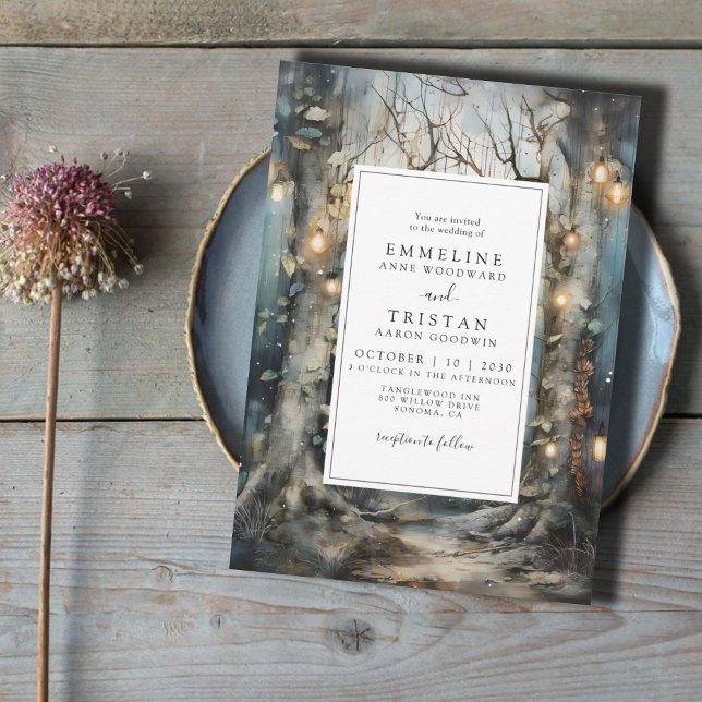 Convite Casamento de Luzes Brilhantes de Floresta Encantad (Criador carregado)