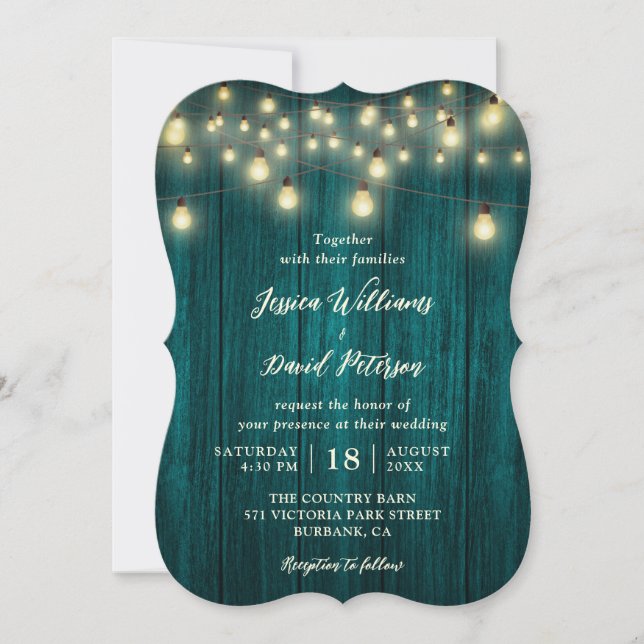 Convite Casamento de Luzes de Corda de Madeira Rustic Teal (Frente)