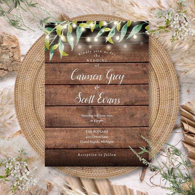 Convite Casamento de Luzes de Corda Eucalyptus de Madeira  (Rustic Wood Eucalyptus String Lights Wedding Invitation)