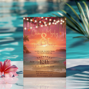 Convite Casamento de Luzes de Corda na Praia do Pôr do Sol
