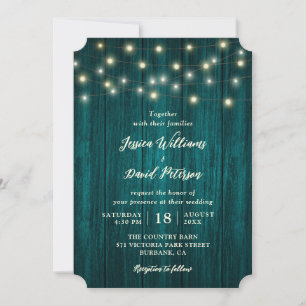 Convite Casamento De Luzes De Fada De Madeira Teal Rústic