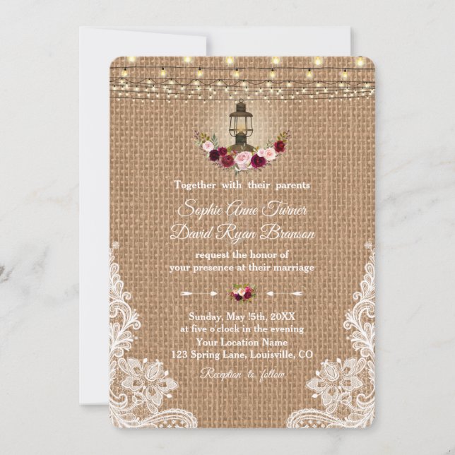 Convite Casamento de Luzes de Lanterna Rustic Lace Burlap (Frente)