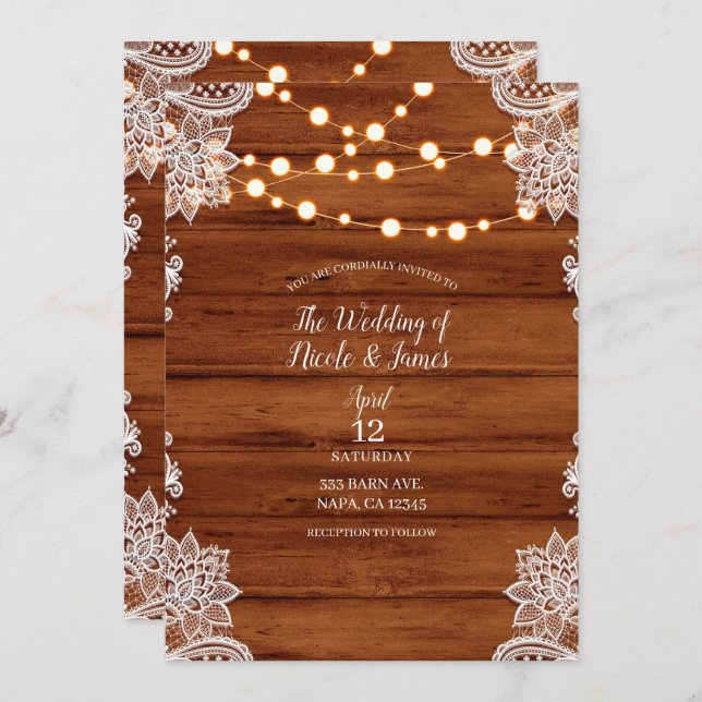 Convite Casamento de Luzes de Madeira Rustic Lace & String (Frente/Verso)