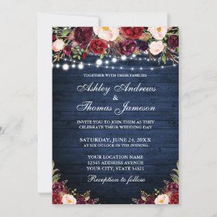 Convite Casamento De Luzes Florais De Madeira Azul Rústic