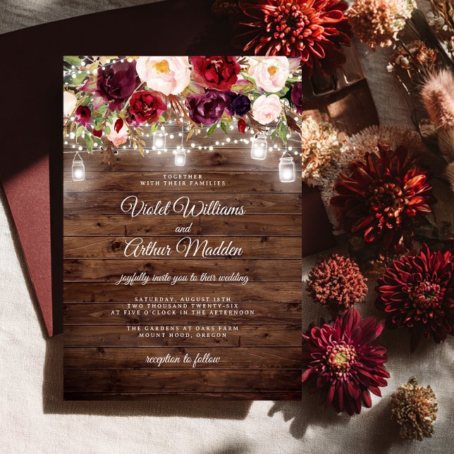 Convite Casamento de Luzes Florais Rustic Burgundy (Criador carregado)