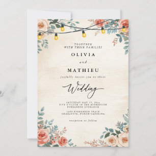 Convite Casamento de Luzes Florais Rustic Peach