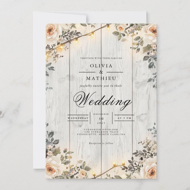 Convite Casamento de Luzes Florais Rustic String (Frente)