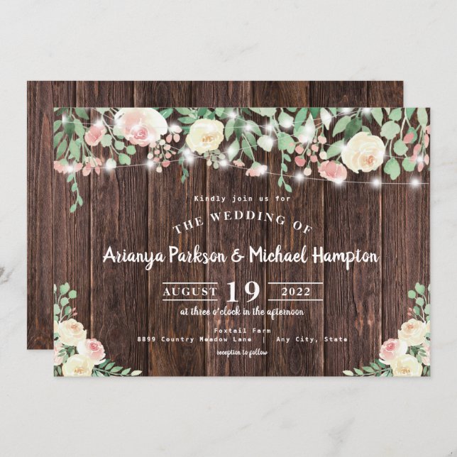 Convite Casamento de Luzes Florais Rustic Wood Blush (Frente/Verso)