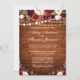 Convite Casamento de Luzes Florais Rustic Wood Burgundy