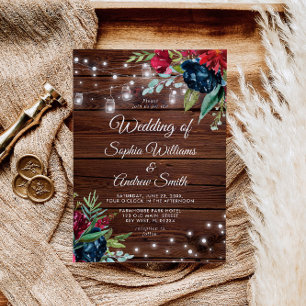 Convite Casamento de Luzes Florais Rustic Wood Burgundy