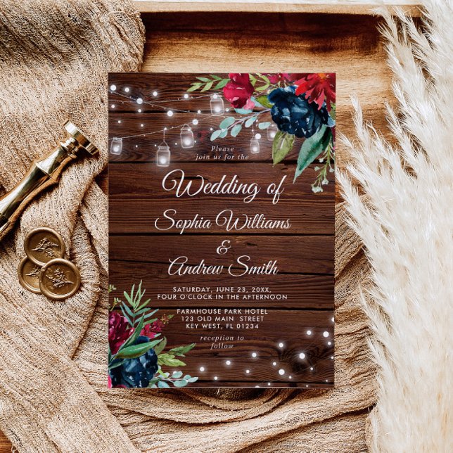 Convite Casamento de Luzes Florais Rustic Wood Burgundy (Criador carregado)