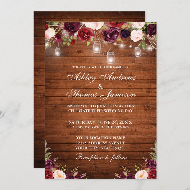 Convite Casamento De Luzes Florais Rustic Wood Burgundy (Frente/Verso)