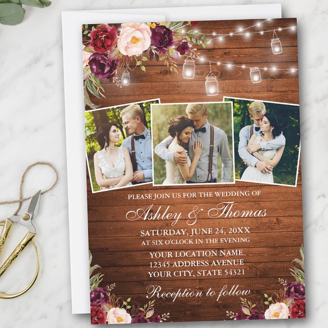 Convite Casamento de Luzes Fotográficas Rustic Burgundy Fl (Customize to add more text or more photos to back of card.)
