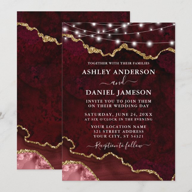 Convite Casamento de Luzes Geodo Marble Burgundy (Frente/Verso)