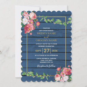 Convite Casamento de Madeira Azul-Navy com Rosas Pink Vint