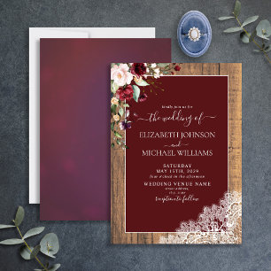 Convite Casamento de Madeira Botânica com Blush Burgundy