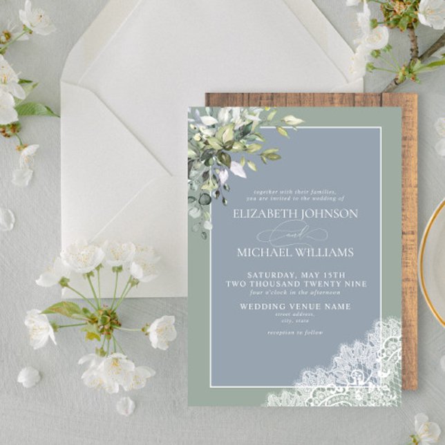 Convite Casamento De Madeira Botânica Eucalyptus Dusty Blu (Criador carregado)