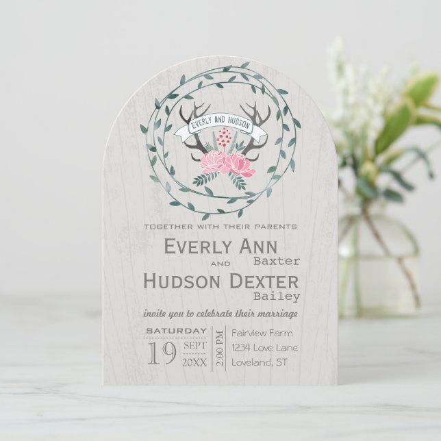 Convite Casamento de Madeira com Antler Barn na Floresta R (Em pé/Frente)