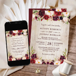 Convite Casamento De Madeira Com Burgundy Blush Floral Rus