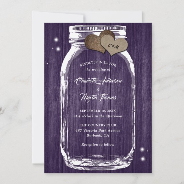 Convite Casamento de Madeira com Roxo Mason Jar Hearts Bar (Frente)