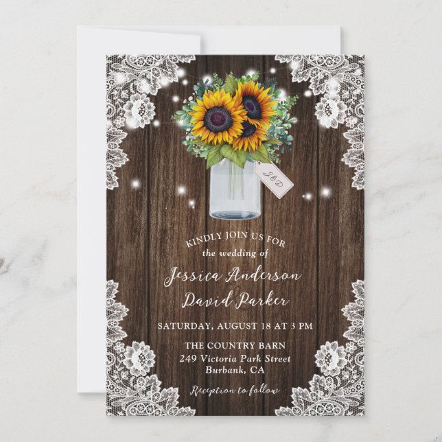 Convite Casamento de madeira de Sunflower Mason Jar Lace (Frente)