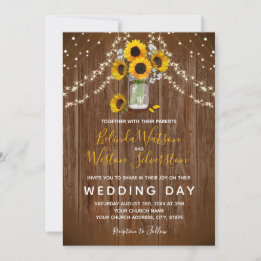 Convite Casamento de madeira de Sunflower Mason Jar Rustic