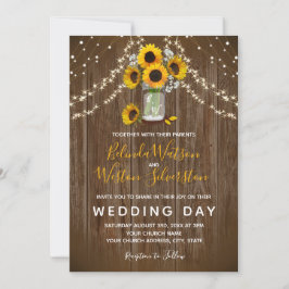 Convite Casamento de madeira de Sunflower Mason Jar Rustic